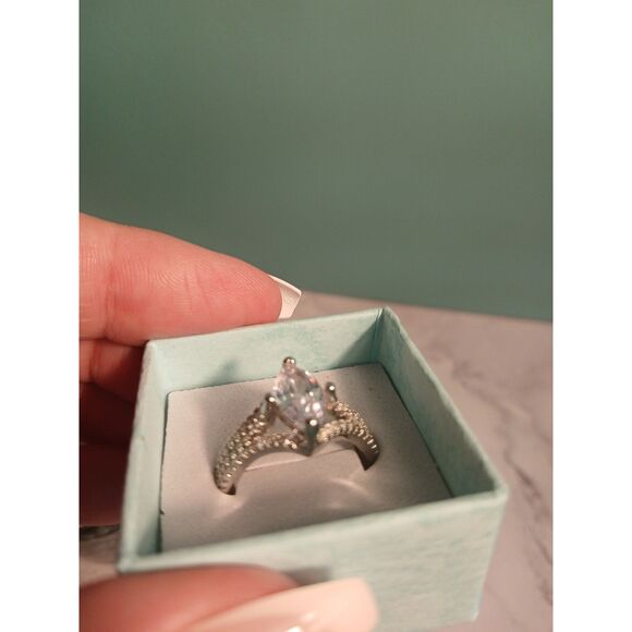 3Ct Marquise-Cut White Sapphire Halo Ring – Split Shank, 14K White Gold Plated - Picture 4 of 15